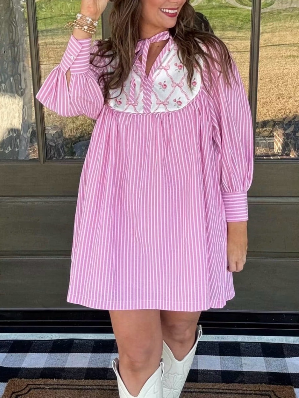 Entro Pink Striped Floral Yoke Dress